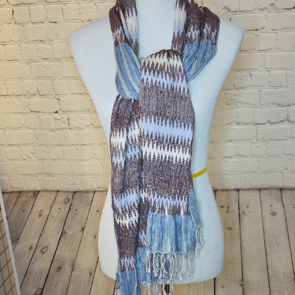Chico's Blue, Brown and Cream Zigzag Fringe Scarf